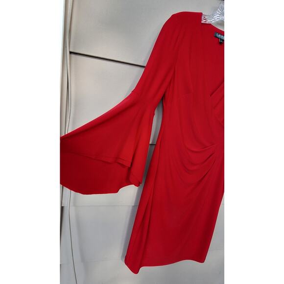 Lauren Ralph Lauren Bell Sleeve Faux Wrap Red Dress Surplice V Neckline Size 4 - Picture 4 of 12